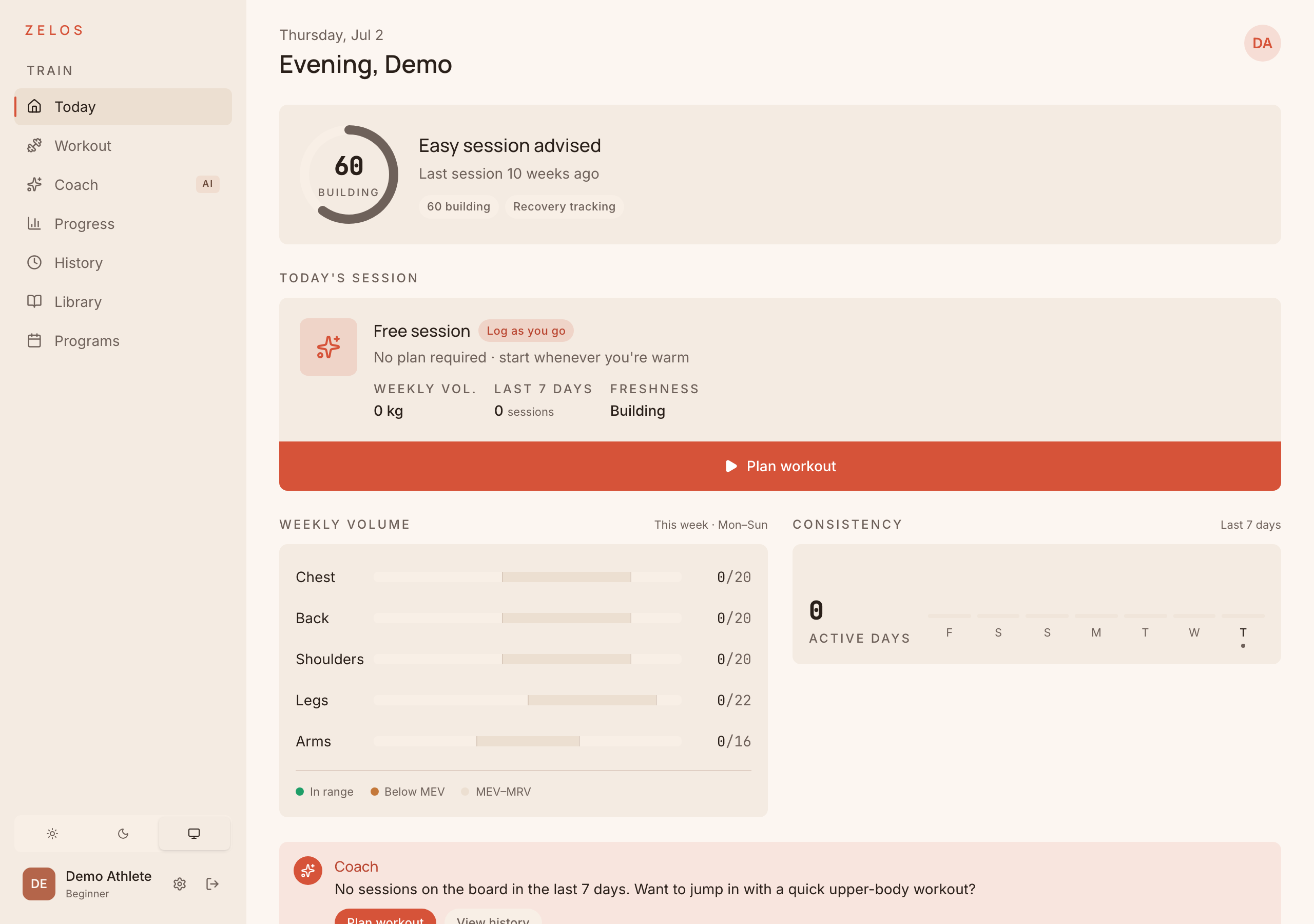 The Zelos web dashboard: a Freshness recovery score, today's session, and weekly training volume by muscle group.